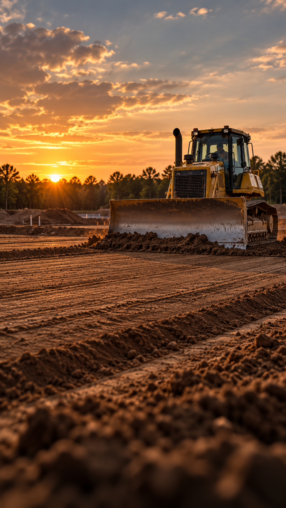 Dozer grading a flat building pad at sunset ahead of a new home