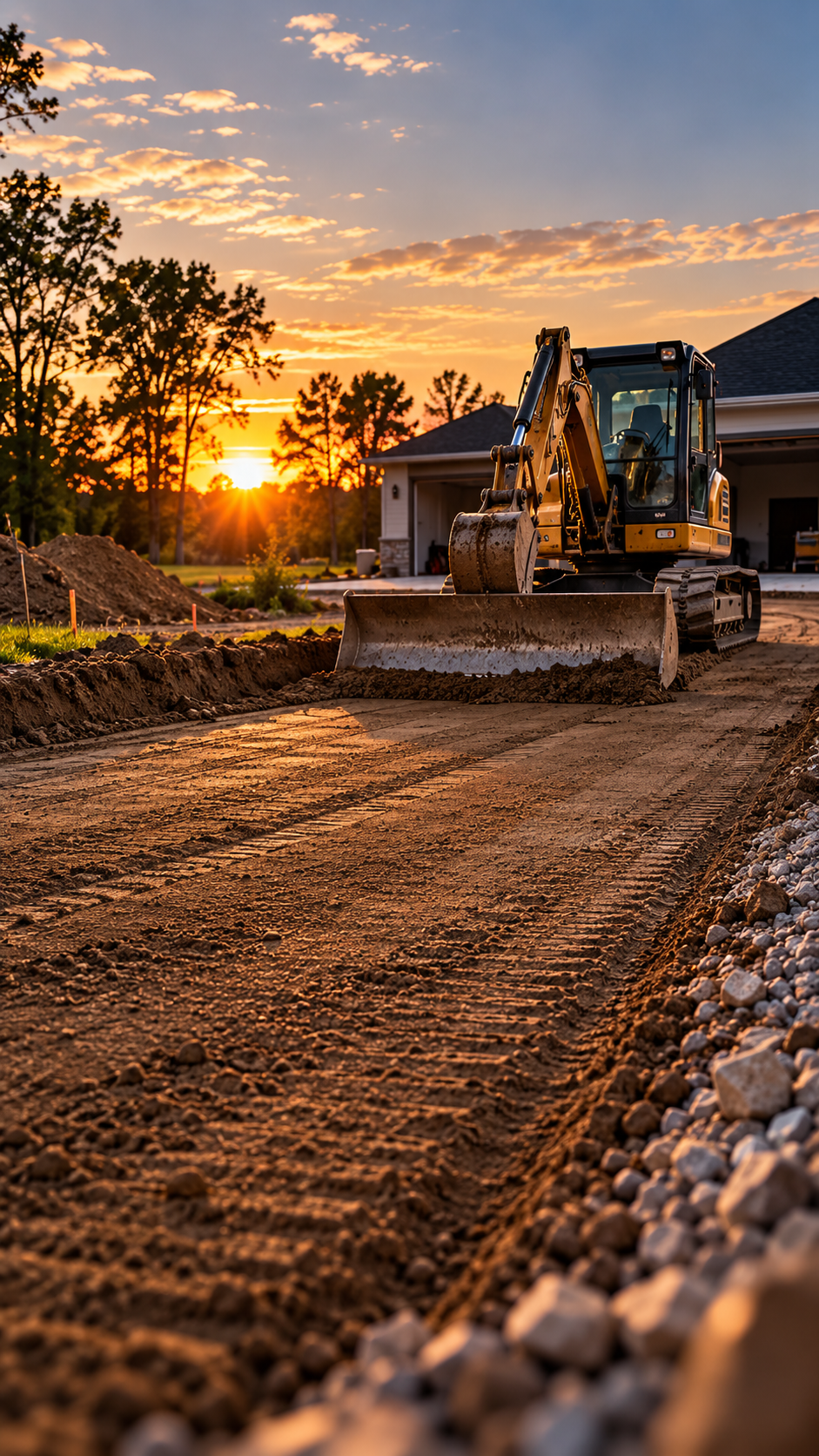 Excavator grading a gravel driveway toward a new home at sunset