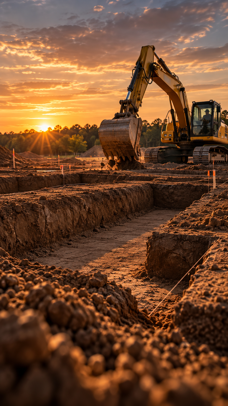 Excavator digging foundation footing trenches at sunset