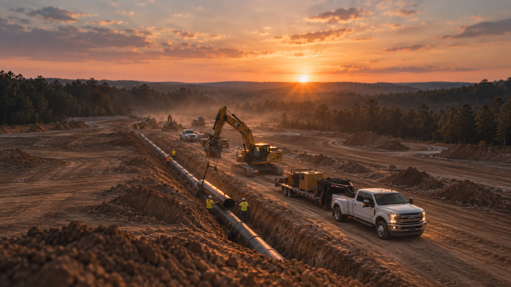 A crawler excavator lowering steel pipe into an open trench at sunset, with a crew in hi-vis and a dually truck and equipment trailer on the graded haul road