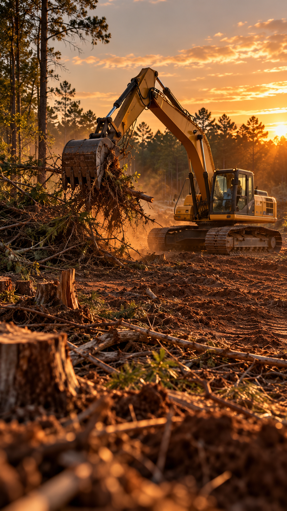 Excavator clearing brush and stumps at a wooded lot edge at sunset