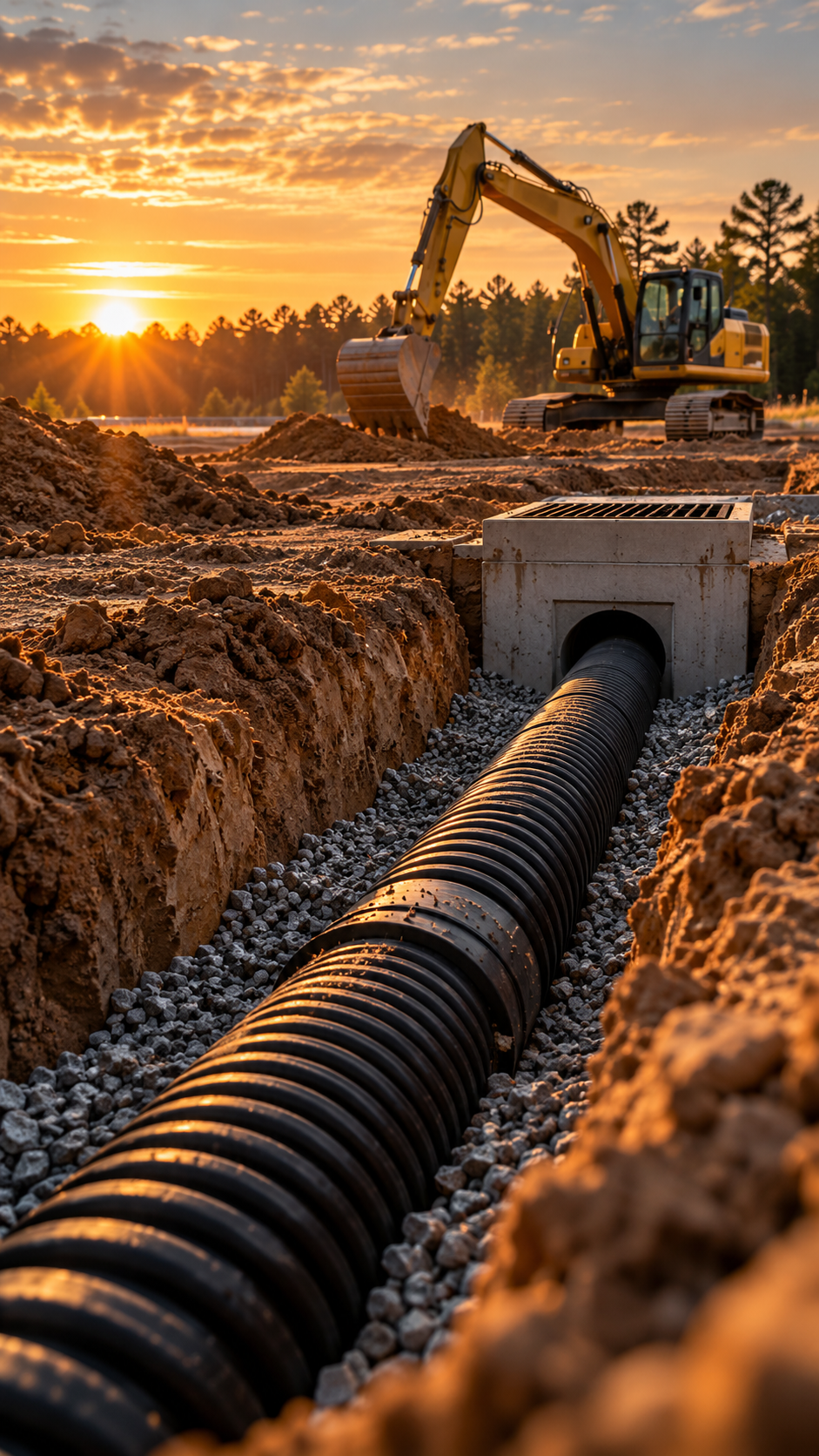 Storm drain pipe set on gravel in a trench, tied into a concrete catch basin at sunset
