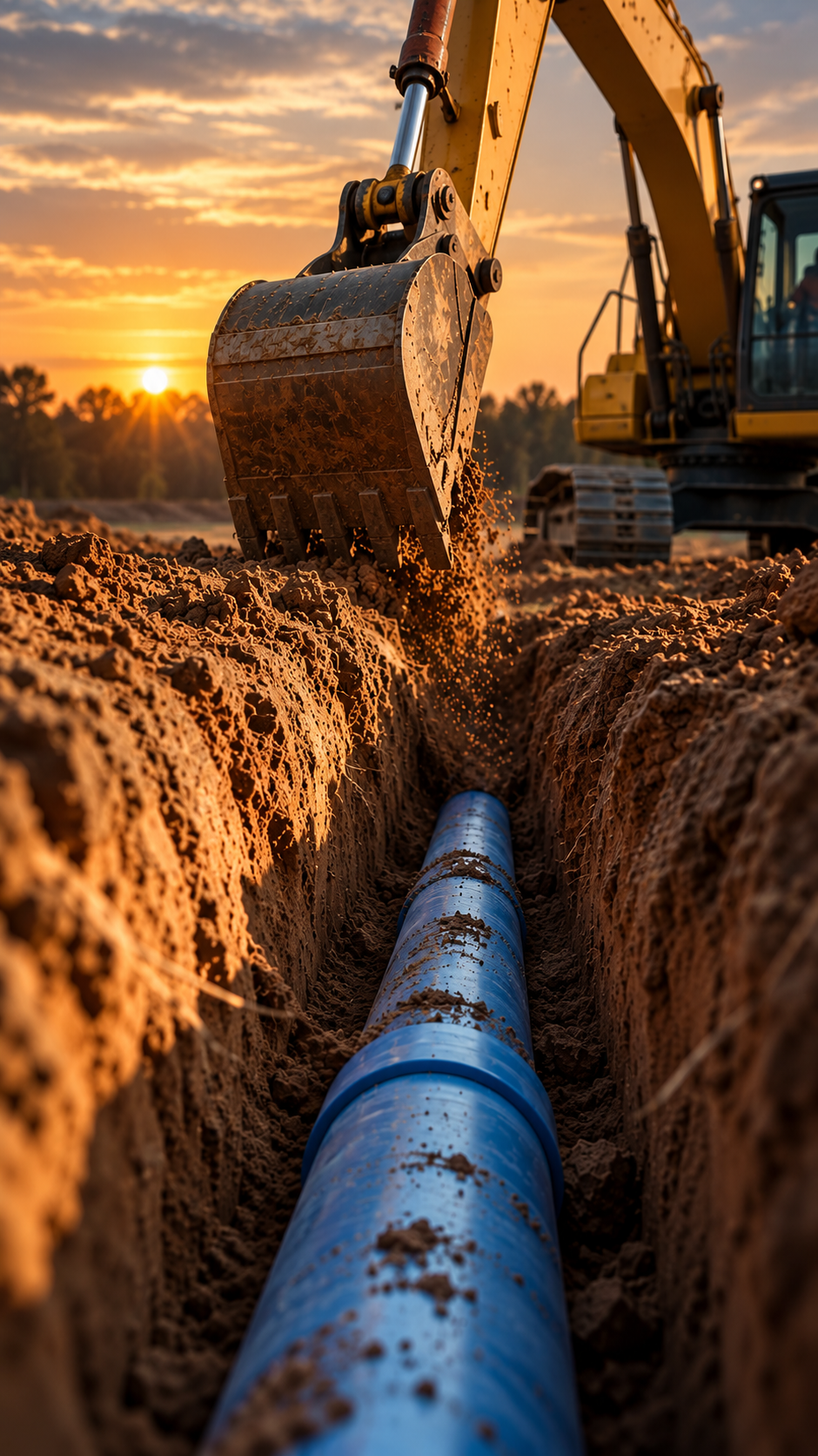 Excavator lowering a water line pipe into a trench at sunset